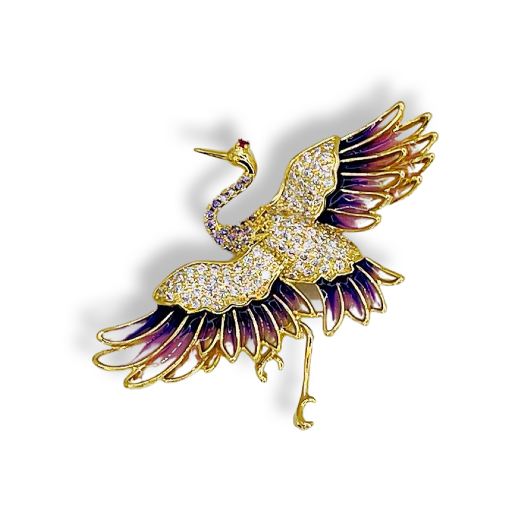 Purple Crane Enamel Brooch with Rhinestone & Enamel